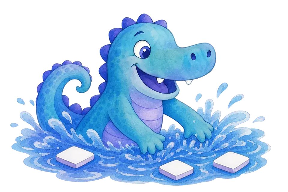 A friendly blue watercolor alligator splashing in water with blank puzzle tiles